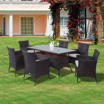 6 Seater Rattan Dining Set with Cushions, Rattan Garden Furniture Set with 6 Armchairs, Rectangular Glass Top Table, Outdoor Dining Table and Chairs, Brown
