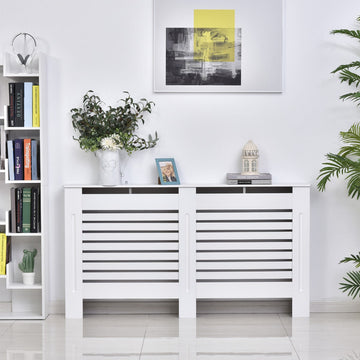Radiator Cover, Modern MDF White Painted Cabinet with Horizontal Slats for Living Room, Bedroom, 152L x 19W x 81H cm