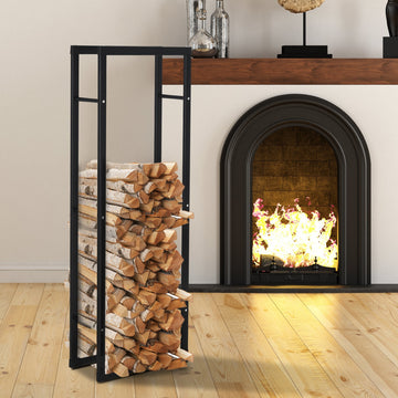 Metal Firewood Log Holder Tall Firewood Rack Indoor Outdoor Fireplace Wood Storage Shelf with Side Rails, Rust-Resistant, Black, 40W x 25D x 150H cm