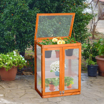 3-tier Wood Greenhouse Garden Polycarbonate Cold Frame Balcony Grow House w/ Storage Shelf for Plants, Flowers, Orange