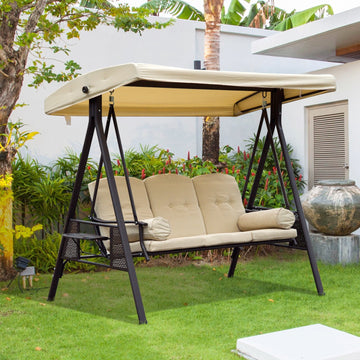 Swing Chair Hammock Chair 3 Seater Canopy Cushion Shelter Outdoor Bench Steel Beige