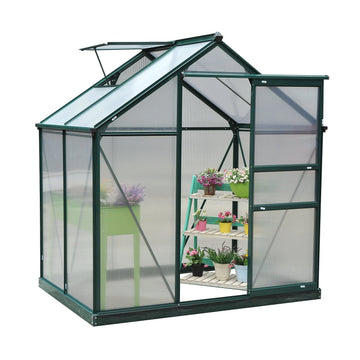 6 x 4ft Polycarbonate Greenhouse, Large Walk-In Green House with Slide Door and Window, Garden Plants Grow House with Aluminium Frame and Foundation, Dark Green