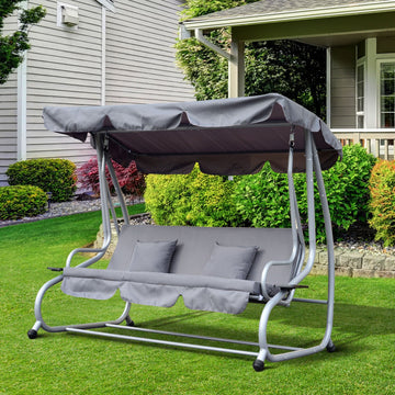 2-in-1 Garden Swing Seat Bed, 3 Seater Convertible Swing Chair Bench with Tilting Canopy, Cushioned Seat and 2 Pillows for Patio, Yard, Grey