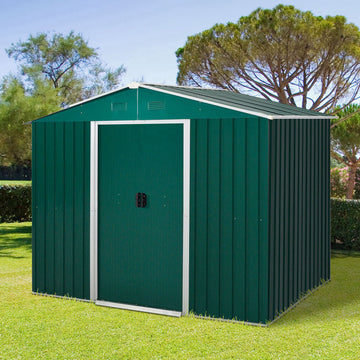 7.7 x 5.7ft Metal Garden Shed with Ventilation Slots and Sliding Doors, Galvanised Outdoor Tool Storage House, Green