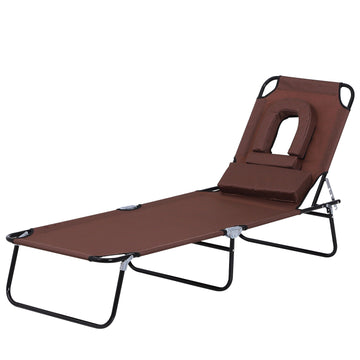 Outdoor Folding Sun Lounger with Face Hole, 4 Level Adjustable Backrest Reclining Garden Lounger, Garden Recliner Sunbed with 600 D Oxford Cloth Seat and Pillow for Beach, Brown