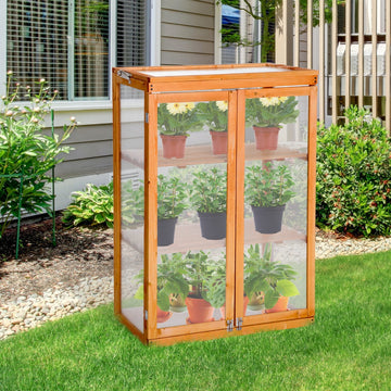 3-tier Cold Frame with Openable Top Cover and Double Doors, Garden Wooden Greenhouse with Storage Shelf, Polycarbonate Grow House for Plants, Flowers, Natural