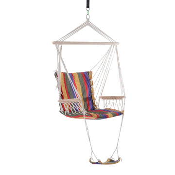 Hanging Rope Chair with Soft Padded Seat & Backrest, Portable Garden Hammoc Chair with Wooden Support Bar, Armrests, Cotton Cloth, Footrest, for Patio & Tree, Red
