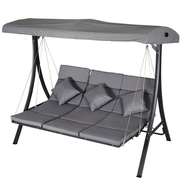3 Seater Garden Swing Seat Outdoor Swing Chairs Chaise Lounge Padded Seat Hammock Canopy Porch Patio Bench Bed Recliner Sun Lounger - Grey