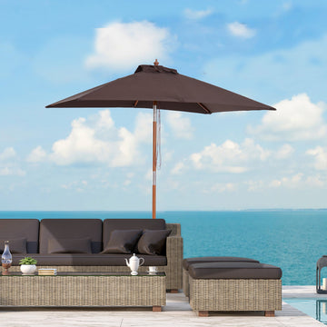 2m x 1.5m Garden Parasol Umbrella with Tilting Sunshade Canopy, Outdoor Market Table Umbrella with Wood and Bamboo Frame, Coffee