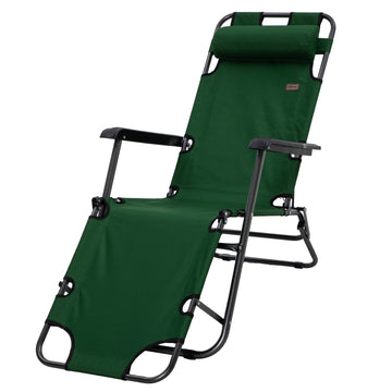 2 in 1 Sun Lounger Folding Reclining Chair Garden Outdoor Camping Adjustable Back with Pillow, Green