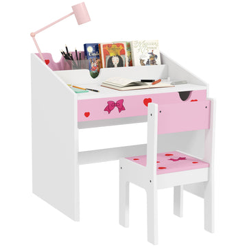 Children Study Table and Chair, Kids Desk and Chair Set with Storage, Pull-out Drawer, Gift for 3-6 Years Old - Pink