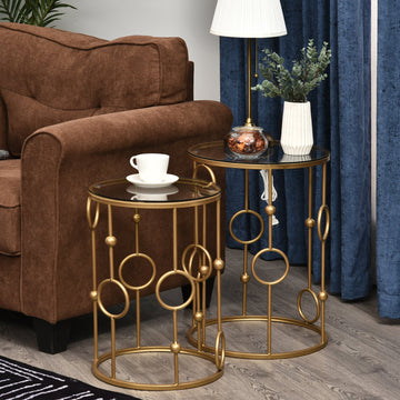 Round Coffee Tables Set of 2, Gold Nesting Side End Tables with Tempered Glass Top, Steel Frame for Living Room, Gold