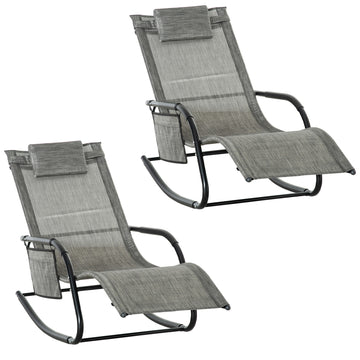 2PCs Outdoor Garden Rocking Chair, Patio Sun Lounger Rocker Chair with Breathable Mesh Fabric, Removable Headrest Pillow, Armrest, Side Storage Bag, Dark Grey