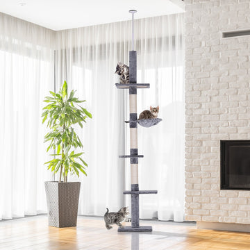 Floor to Ceiling Cat Tree for Indoor Cats 5-Tier Kitty Tower Climbing Activity Center Scratching Post Adjustable Height 230-260 cm Grey
