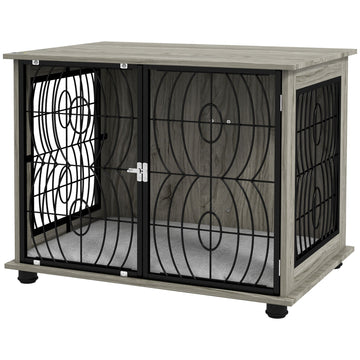 Indoor Dog Crate Furniture End Table w/ Plush Washable Cushion, Lockable Door, for Medium Dogs
