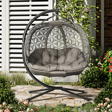 Outdoor Double Hanging Chair with Cushion and Cup Holders, Sand Brown