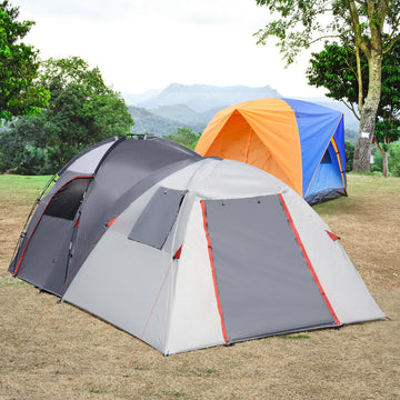 4-5 Man Outdoor Tunnel Tent, Two Room Camping Tent with Portable Mat, Sewn-In Floor, Carry Bag, 4 Doors and Breathable Mesh Windows, 2000mm Water Column for Fishing, Festival, Hiking