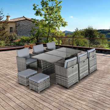 10 Seater Rattan Cube Garden Furniture Set with Parasol Hole, Rattan Dining Set with Cushions, Outdoor Dining Table and Chairs with Rectangular Glass Top Table for Patio, Mixed Grey