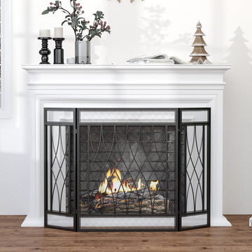 126cm 3-Panel Metal Folding Fireplace Screen Heat Flame Protective Guard Child Pet Home Spark Barrier Surround w/ Mesh Pattern