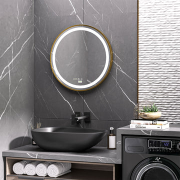 Round LED Bathroom Mirror, Dimmable Lighted Wall Mount Mirror with 3 Colours, Time Display, Memory Function, Hardwired