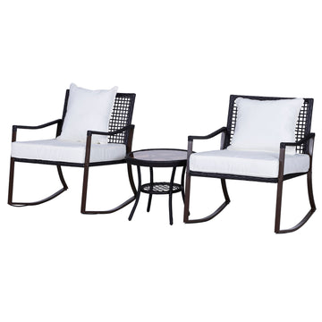 Rattan Bistro Set, 3 Pieces Wicker Garden Furniture Set with Rocking Chairs and Round Glass Top Coffee Table, Small Balcony Furniture with Cushions for Outdoor, Porch, Brown