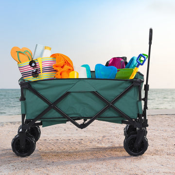140L Festival Trolley on Wheels, Folding Camping Trolley Cart with Telescopic Handle, Big Wheels for Outdoor Garden Beach Fishing, Green