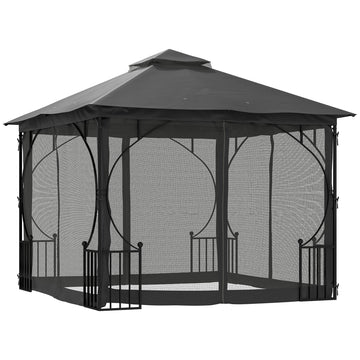 3 x 3(m) Garden Gazebo Patio Party Tent Shelter Outdoor Canopy Double Tier Sun Shade with Metal Frame and Netting, Dark Grey