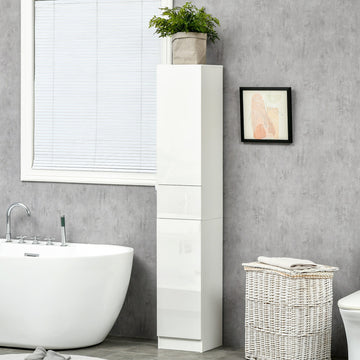 Tall Bathroom Cabinet with Adjustable Shelves, High Gloss Storage Cupboard, Freestanding Tallboy with Storage Drawer, White