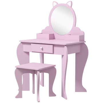 Kids Vanity Table with Mirror, Stool, Drawer, Storage Boxes, Cat Design, for Ages 3-6 Years - Pink