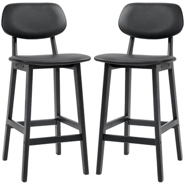 Set of Two Wooden Classic Bar Stools, with Faux Leather Seats - Black
