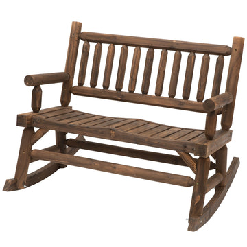 Garden 2-Seater Rocking Bench Wood Frame Rough-Cut Log Loveseat Slatted High Back Rustic Style with Armrests Garden Outdoor Furniture - Dark Stain Brown