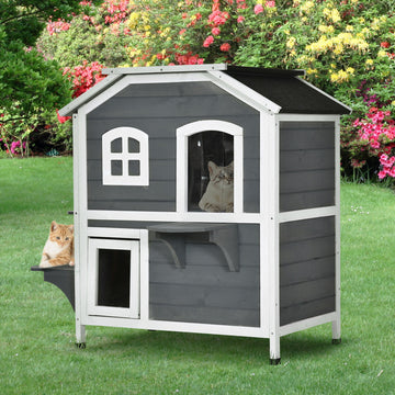 2-story Cat House Outdoor, Weatherproof Wooden Cat Enclosure for Feral Cats with Escape Door, Openable Roof, Jumping Platforms, Grey
