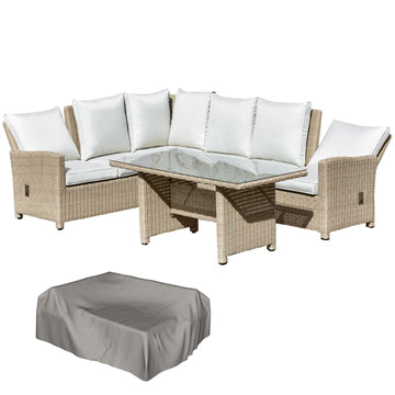 5 PCS Reclining PE Rattan Garden Dining Set Bonzer Patio Furniture w/ Sofa Chairs Glass Table, Olefin Cushions Adjustable Feet Stylish Lounge Conversation