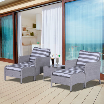 5 Pieces PE Rattan Garden Furniture Set with 10cm Thick Padded Cushions, Wicker Weave Outdoor Seating Chairs with 2 Armchairs, 2 Stools, Glass Top Table, Grey and White