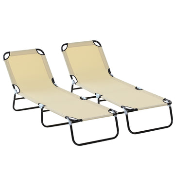 2 Piece Foldable Sun Loungers with 5-Position Adjustable Backrest, Outdoor Portable Recliner Chaise Lounge Chairs with Breathable Mesh Fabric, Beige
