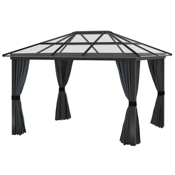 3 x 3.6m Hardtop Gazebo Canopy with Polycarbonate Roof, Aluminium Frame, Permanent Pavilion Garden Gazebo with Netting and Curtains for Patio, Deck, Dark Grey