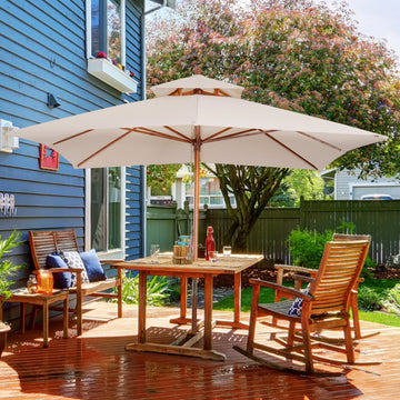 3 x 3 metre Patio Parasol Garden Umbrellas Sunshade Outdoor Wooden Parasol Canopy Double Tier, Beige, BASE NOT INCLUDED