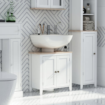 Under Sink Cabinet, Bathroom Sink Cabinet with 2 Doors, Pedestal Under Sink Design, Freestanding Bathroom Cupboard with Adjustable Shelf, White