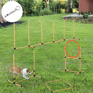 Dog Agility Equipment Pet Training Set with Adjustable Height Jump Ring Hurdle Whistle Weave Poles Square Pause Box Carry Bag