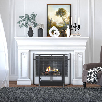 3-Panel Folding Fireplace Screen with Door, Freestanding Spark Guard, Metal Mesh Fireguard, Black