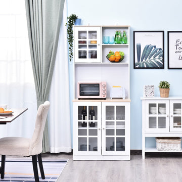 Freestanding Kitchen Cupboard, Storage Cabinet with Doors and Adjustable Shelves, Counter Top, Grid Glass Doors, 80L x 37W x 183H cm - White
