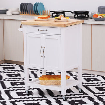 Kitchen Storage Trolley Cart Rolling Wheels Shelves Cupboard W/ Drawer And Towel Rail Rubber Wood Worktop White