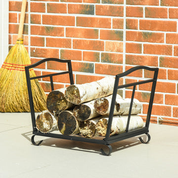 Metal Firewood Log Holder Indoor Outdoor Folding Firewood Rack Fireplace Wood Storage Shelf w/ Scrolls, Rust-Resistant, Black, 48L x 34W x 37Hcm