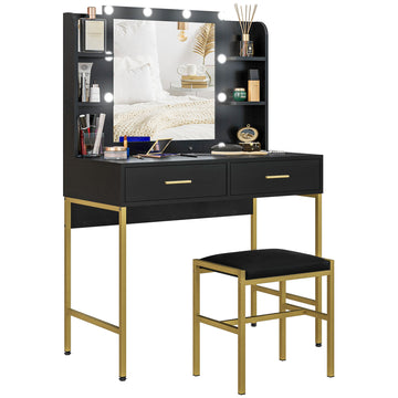Dressing Table Set, with Storage and Stool - Black