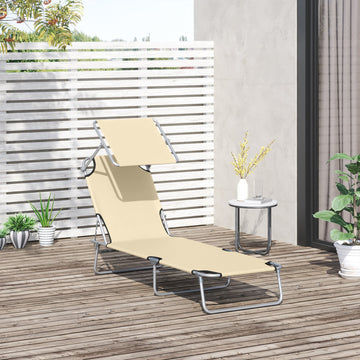 Outdoor Foldable Sun Lounger, 4 Level Adjustable Backrest Reclining Sun Lounger Chair with Angle Adjust Sun Shade Awning for Beach, Garden, Patio, Beige