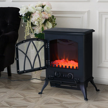Electric Stove Heater with Realistic Flame Effect, 2000W Portable Indoor Freestanding Electric Fireplace with Adjustable Thermostat, Black