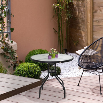 Bistro Table Outdoor Round Dining Coffee Table with Parasol Hole, Tempered Glass Top Side Table Patio Garden - 80cm Diameter