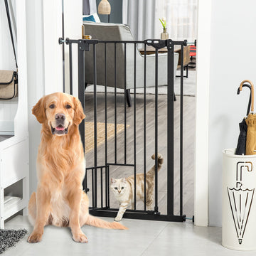 Extra Tall Pet Gate, Indoor Dog Safety Gate, with Cat Flap, Auto Close, 74-80cm Wide - Black