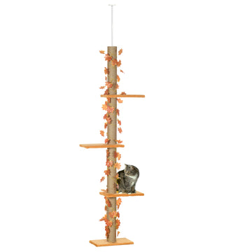 242cm Adjustable Floor-To-Ceiling Cat Tree, with Artificial Decoration, Perches, Anti-Slip Kit - Orange