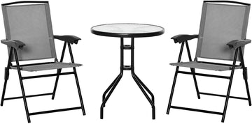 3 Piece Outdoor Bistro Set, Patio Conversation Furniture Set with 2 Folding Backrest Adjustable Armchairs and Glass Top Coffee Table, Grey